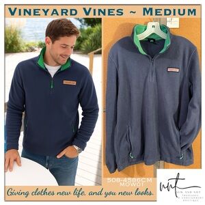 Vineyard Vines Men’s Size Medium Blue Fleece Quarter Zip Pullover Green Trim